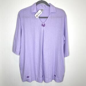Abrazo Style Linen Top Embroidered Womens Plus 1X 2X Lavender Purple Collar